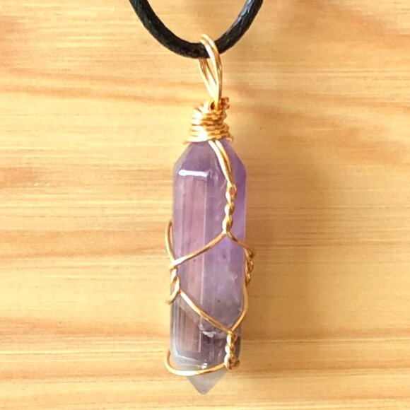 Jewelry - Amethyst Natural Gemstone Hexagonal Point Gold Wire Wrapped Pendant